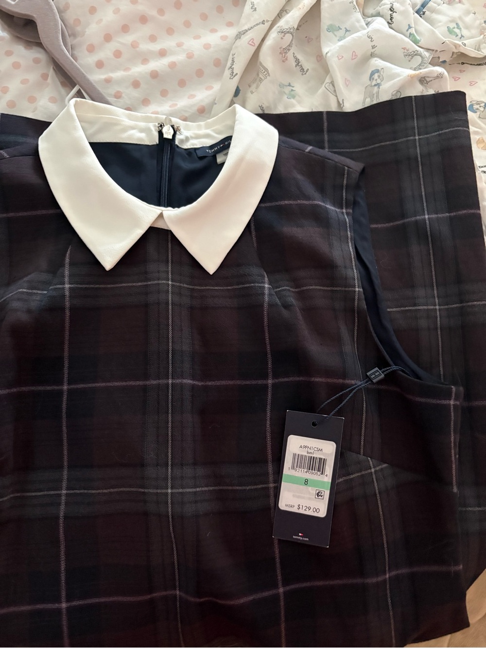 Tommy Hilfiger Plum and Navy Plaid Sleeveless Dress with White Peter Pan Collar - Picture 3 of 3